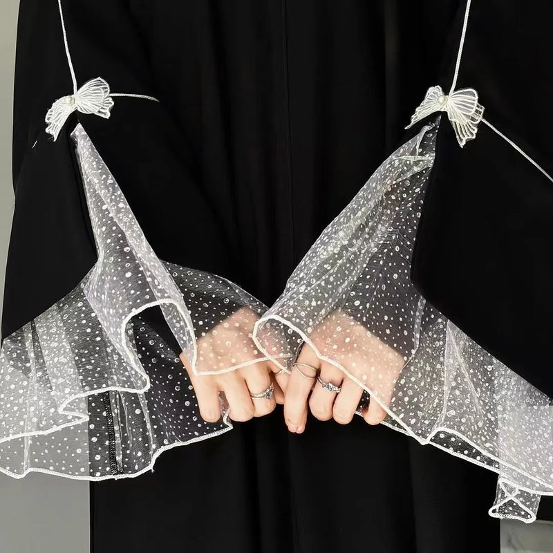 Luxury Muslim Open Abaya Women Lace Sleeve Elegant Nida Black Abayas Dubai Modest Dress Morocco Kaftan Cardigan Summer Long Robe