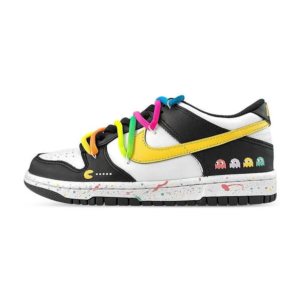 [Custom Rainbow Pac-Man S-BOX]Nike Dunk Anti-Slip Wear-Resistant Low-Top Skateboard Shoes GS Black White Yellow