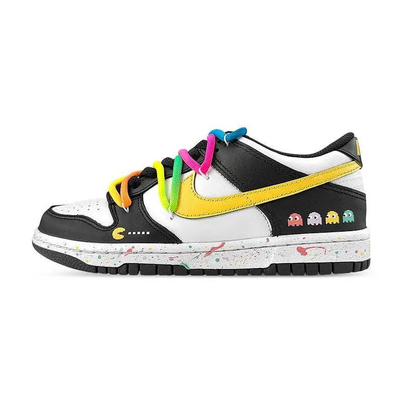 [Custom Rainbow Pac-Man S-BOX]Nike Dunk Anti-Slip Wear-Resistant Low-Top Skateboard Shoes GS Black White Yellow