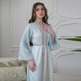 Eid Mubarak Djellaba Kimono Cardigan Dubai Satin Dress Kebaya Robe Diamond 3 Piece Set Women Muslim Abaya Kaftan Jalabiya Abayas