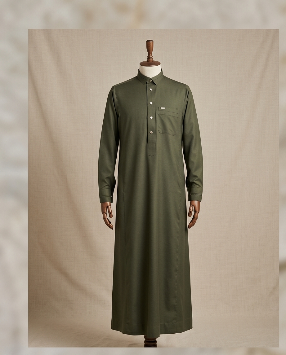 Men's Olive Green Textured Thobe – Premium Saudi Style Jubba with Geometric Buttons - Raakaat