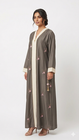 Premium Floral-Embroidered Contrast Abaya |  A0013