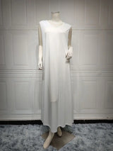 White Dress with Belt Women Muslim Eid Abaya Gold Lace Trim Party Gown Sleeveless Bottom Underskirt Saudi Arab Jalabiya Kaftan