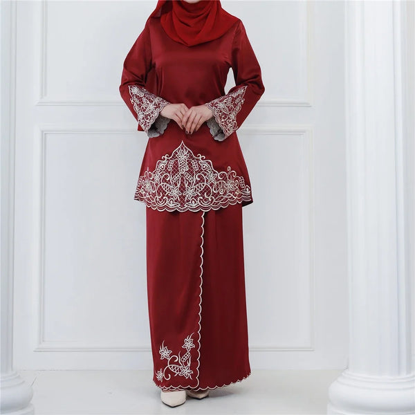 2Pcs Women Muslim Sets Dubai Outfits Islam Clothes Tops Skirts Abaya Dress Malaysia Baju Kurung Suit Femme Musulmane Ensembles