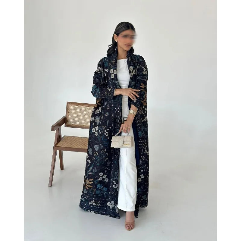 Miyake Pleated Black Printed Trench Coat Jacket Muslim Abaya High Quality Fashion Casual Commuter Peplum Women's Clothing