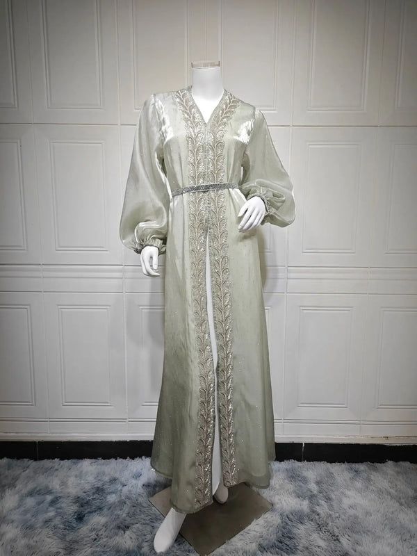 Eid Mubarak Djellaba Kimono Cardigan Dubai Satin Dress Kebaya Robe Diamond 3 Piece Set Women Muslim Abaya Kaftan Jalabiya Abayas