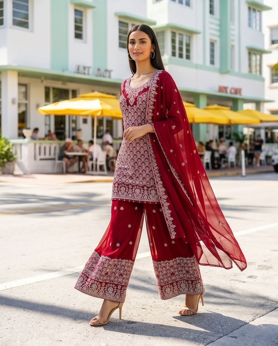 3-Piece  Embroidered stitched Salwar Kameez with Flared Sharara Pants | TPS04 - Raakaat