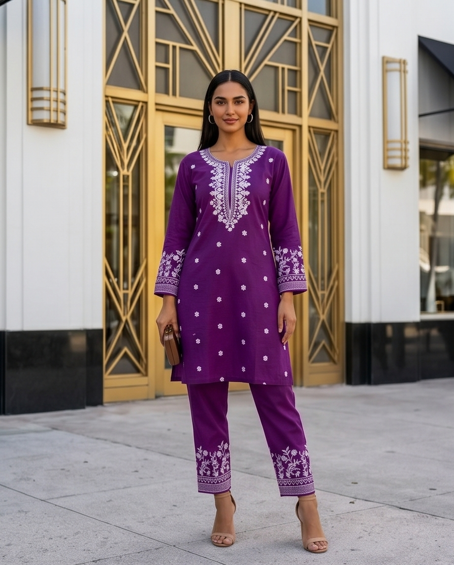 Chic Magenta Purple Embroidered Cotton Kurti Set | TPS08 - Raakaat