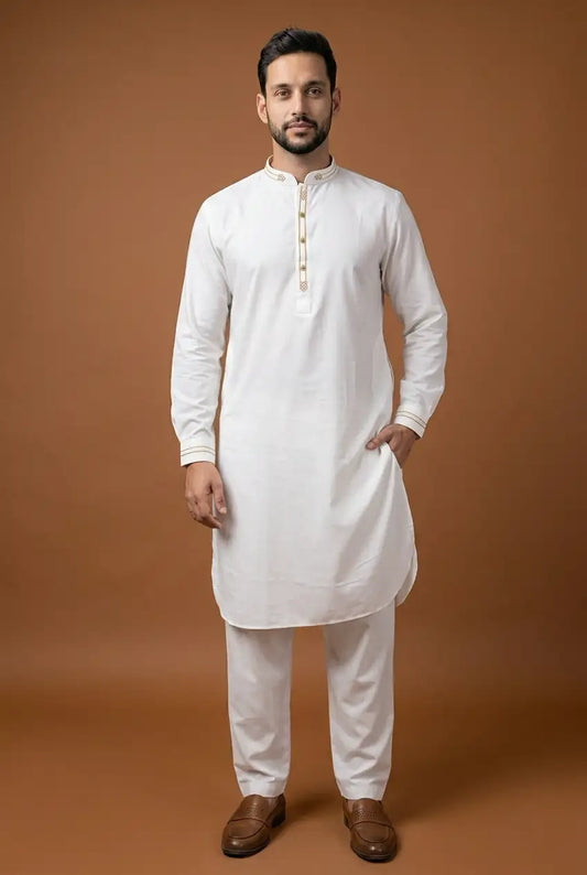 Men's Pristine White Kurta Pajama Set with Gold Accents | W3 - Raakaat