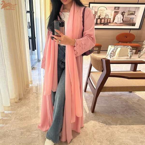 Dubai Pink Chiffon Open Abaya with Hijab included Loose Sleeve Muslim Cardigan Moroccan Caftan for Women