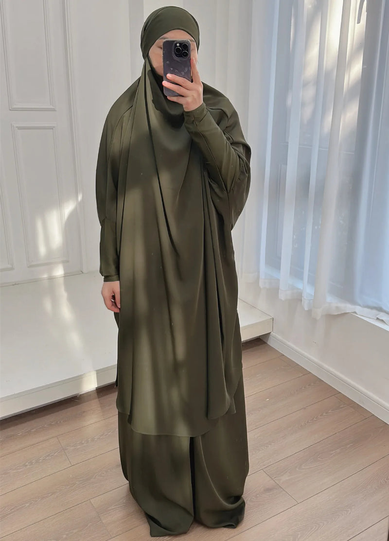 2 Piece Set Hooded Abayas and Skirt for Muslim Women Hijab Dresses Eid Ramadam Prayer Garment Islamic Clothing Pink Black
