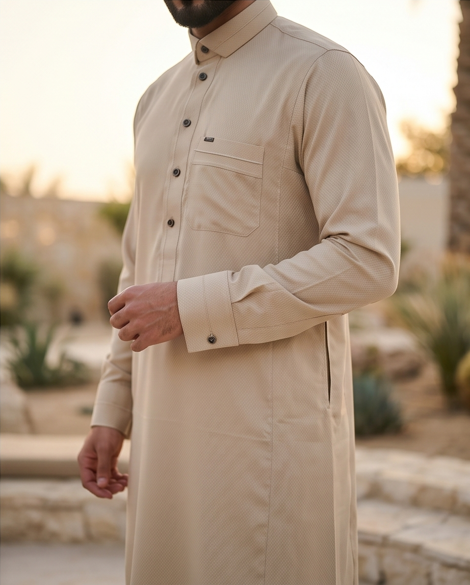 Men’s Sand Beige Textured Thobe – Premium Saudi Style Jubba - Raakaat