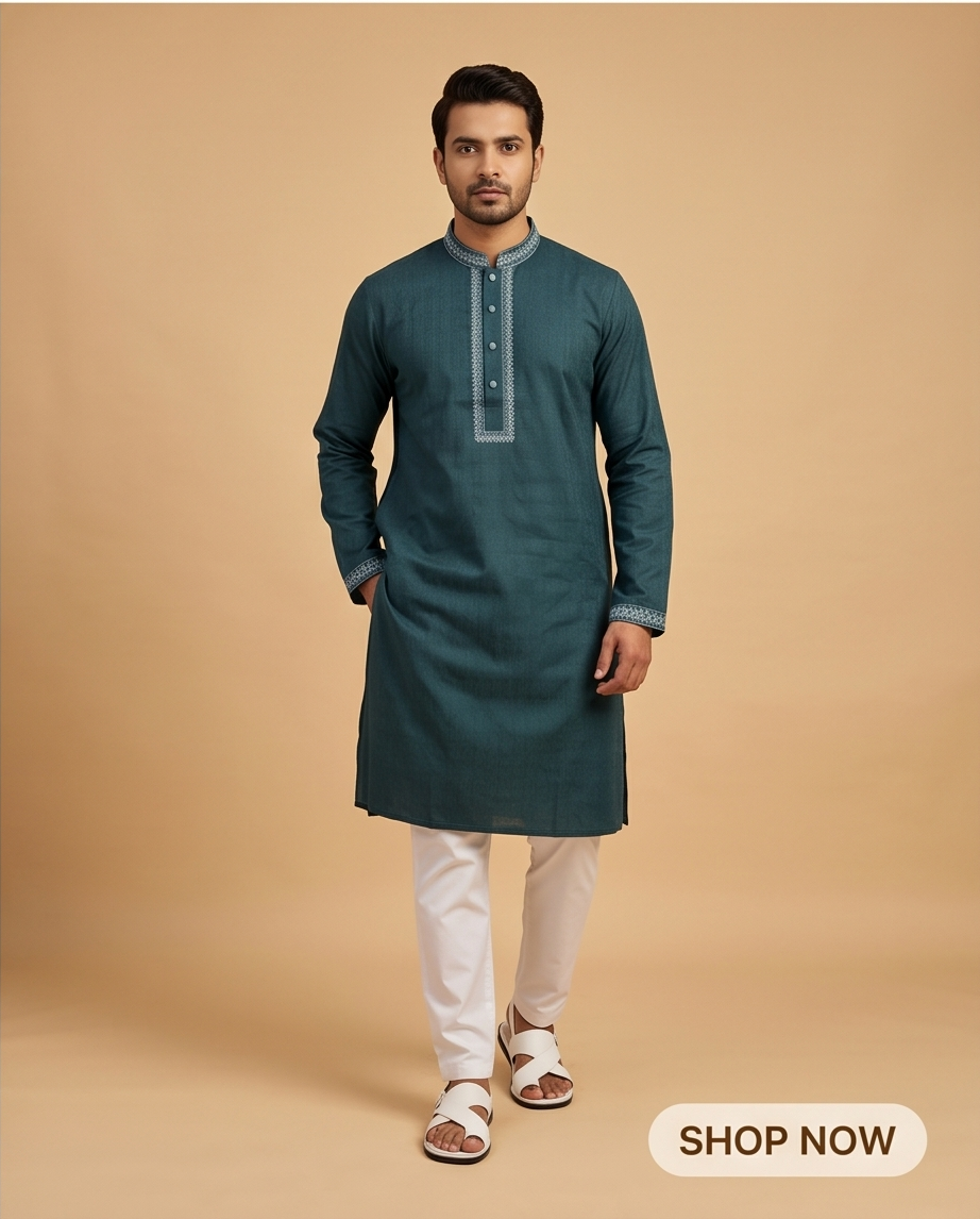 Majestic Teal Geometric Embroidered Panjabi|385| - Raakaat