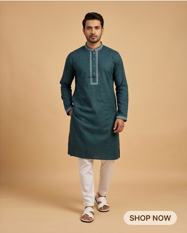 Majestic Teal Geometric Embroidered Panjabi|385| - Raakaat