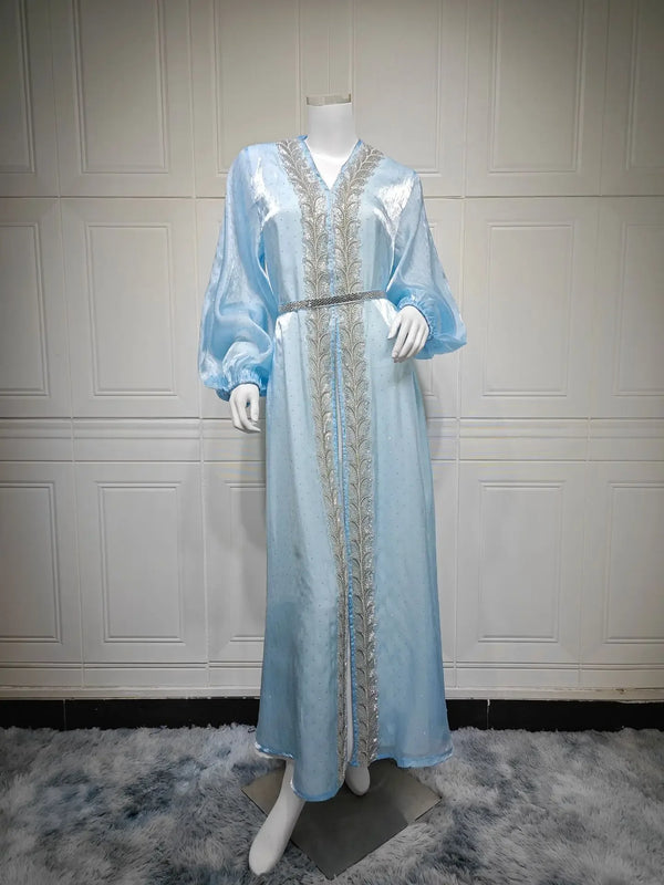 Eid Mubarak Djellaba Kimono Cardigan Dubai Satin Dress Kebaya Robe Diamond 3 Piece Set Women Muslim Abaya Kaftan Jalabiya Abayas