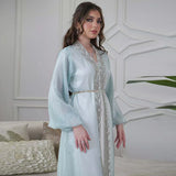 Eid Mubarak Djellaba Kimono Cardigan Dubai Satin Dress Kebaya Robe Diamond 3 Piece Set Women Muslim Abaya Kaftan Jalabiya Abayas