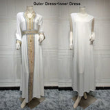 White Dress with Belt Women Muslim Eid Abaya Gold Lace Trim Party Gown Sleeveless Bottom Underskirt Saudi Arab Jalabiya Kaftan