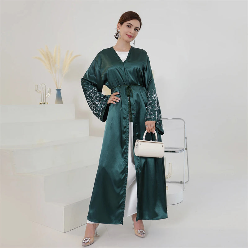Women Beading Abayas Dubai Turkey Kaftan Muslim Kimono Cardigan Islamic Belted Jalabiya Ramadan Eid Open Abaya Dress Caftan Robe