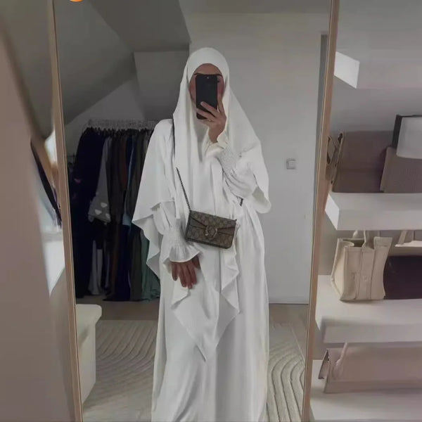 2 Pcs Muslim Set  New Sweet Solid Color Long Dress+Single Layer Shawl Suit  Abaya and Khimar Set Jilbab 2 Pcs Ramadan Long Hijab