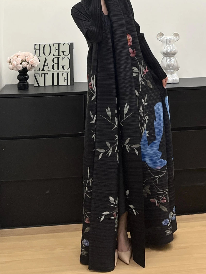 Miyake Pleated Abaya Trench Cardigans Printed Long Sleeve Turn-down Collar Dress Women 2025 Original Designer Caftan Long Coats