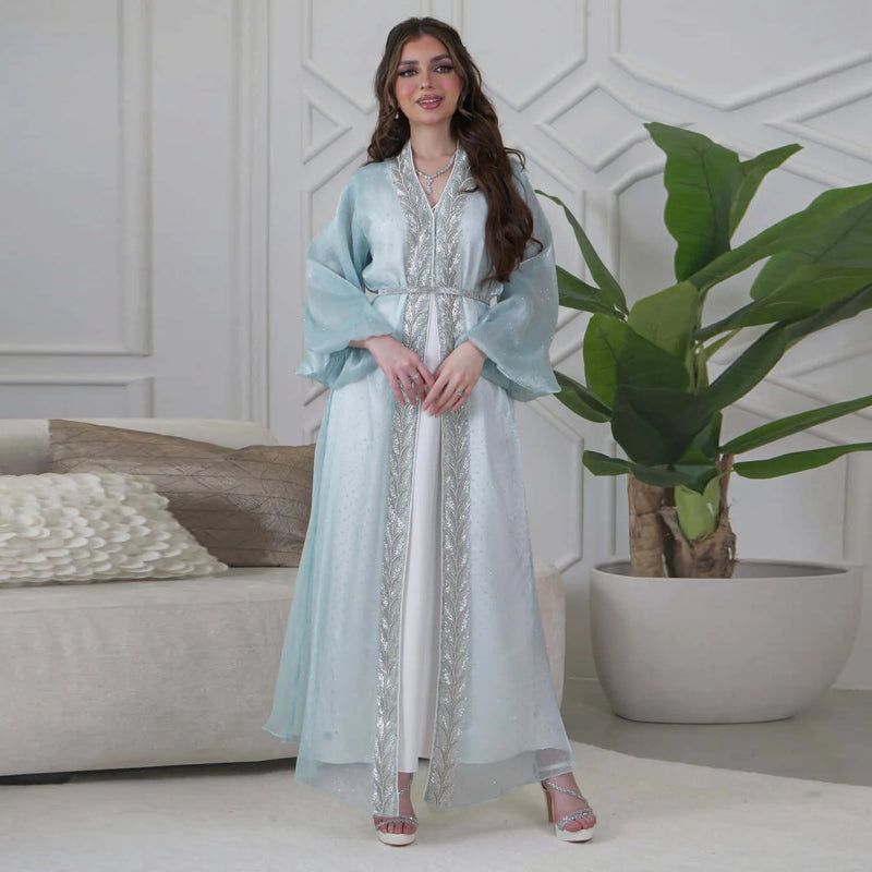 Eid Mubarak Djellaba Kimono Cardigan Dubai Satin Dress Kebaya Robe Diamond 3 Piece Set Women Muslim Abaya Kaftan Jalabiya Abayas