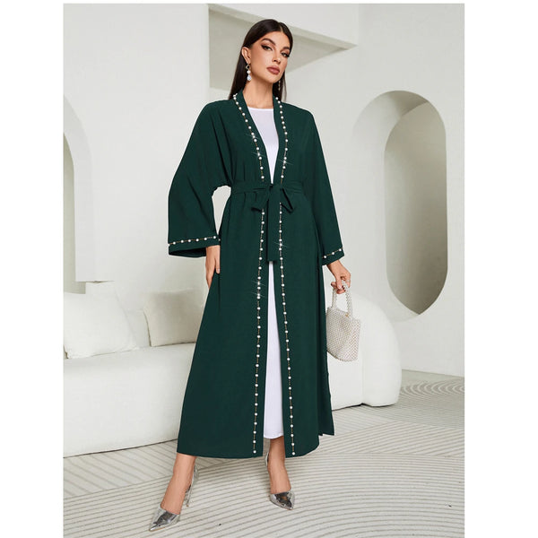 Eid Mubarak Djellaba Femme Longue Musulmane Open Abaya Dubai Turkey Kaftan Muslim Women Beaded Maxi Dress Kimono Jalabiya Robe