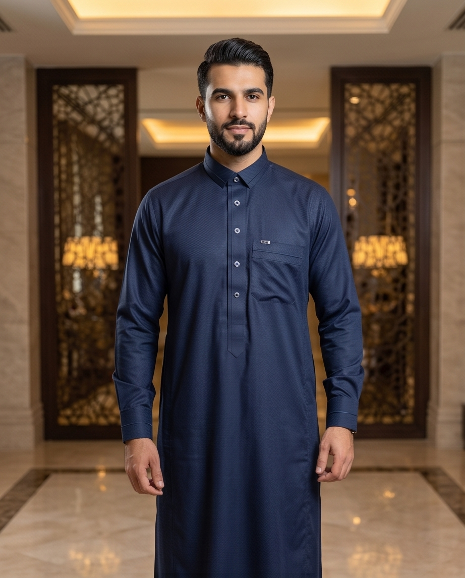 Men's Midnight Navy Textured Thobe – Premium Navy Blue Saudi Style Jubba - Raakaat