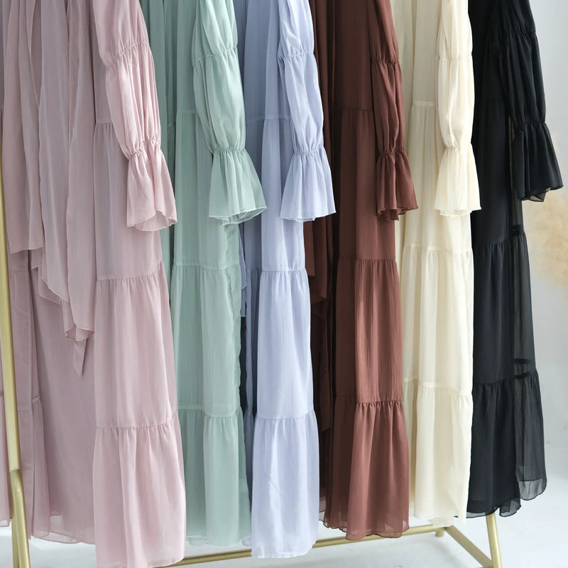 Chiffon Sheer Open Abaya Set Hijabi Muslim Women Party Ramadan Islamic Clothing  Dubai Turkey Kaftan Crepe Kimono Open Abayas