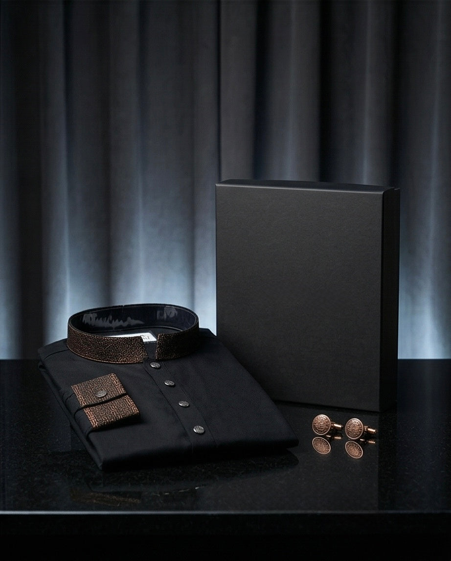 Elegant Black Premium Panjabi with Contrast Collar & Cuff Design | 392 - Raakaat