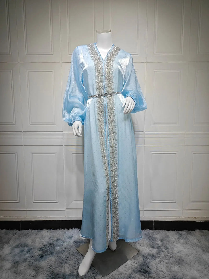 Eid Mubarak Djellaba Kimono Cardigan Dubai Satin Dress Kebaya Robe Diamond 3 Piece Set Women Muslim Abaya Kaftan Jalabiya Abayas