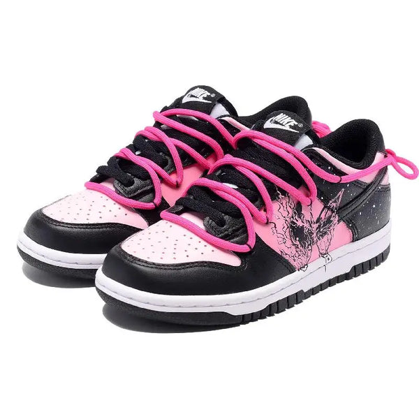 [Custom Black butterfly and pink]Nike Dunk Low Low-Top Skateboard Shoes GS Black Pink