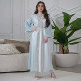 Eid Mubarak Djellaba Kimono Cardigan Dubai Satin Dress Kebaya Robe Diamond 3 Piece Set Women Muslim Abaya Kaftan Jalabiya Abayas