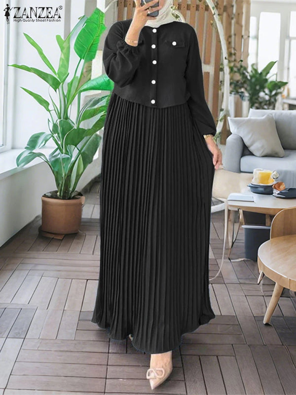 2025 ZANZEA Autumn Maxi Long Dress Women Elegant Long Sleeve Solid Pleated Sundress Patchwork Dresses Muslim Abaya Robe Femme