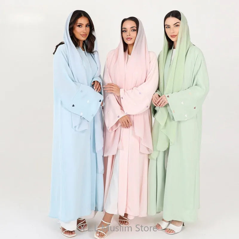 Love Heart Embroidery  Fashion Soft Open Front Abaya Dubai 2024 Luxury Muslim Kaftan Elegant Cardigan Caftan Women Robe Clothes