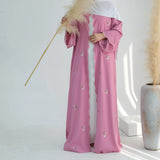 New Fashion Nida Dubai Abaya Ladies Floral Embroidered Kimono Style Muslim Dress Breathable Cotton Autumn Clothing