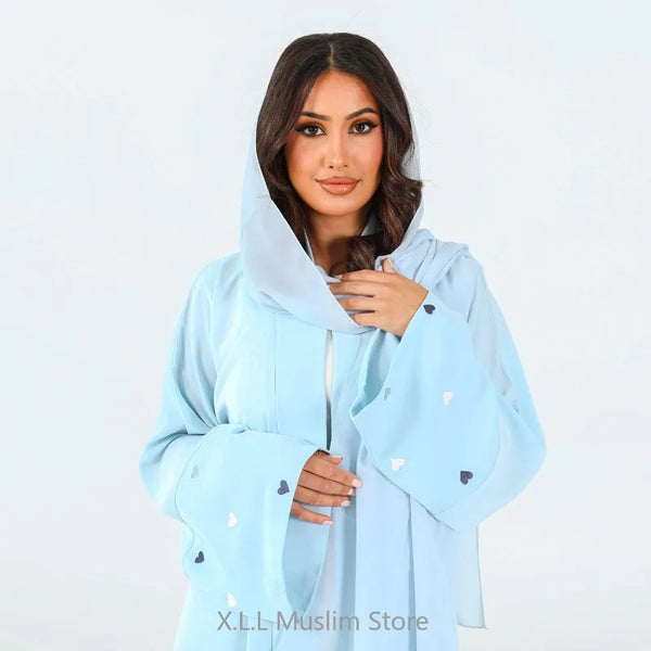 Love Heart Embroidery  Fashion Soft Open Front Abaya Dubai 2024 Luxury Muslim Kaftan Elegant Cardigan Caftan Women Robe Clothes
