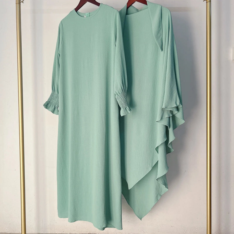 2 Pcs Muslim Set  New Sweet Solid Color Long Dress+Single Layer Shawl Suit  Abaya and Khimar Set Jilbab 2 Pcs Ramadan Long Hijab