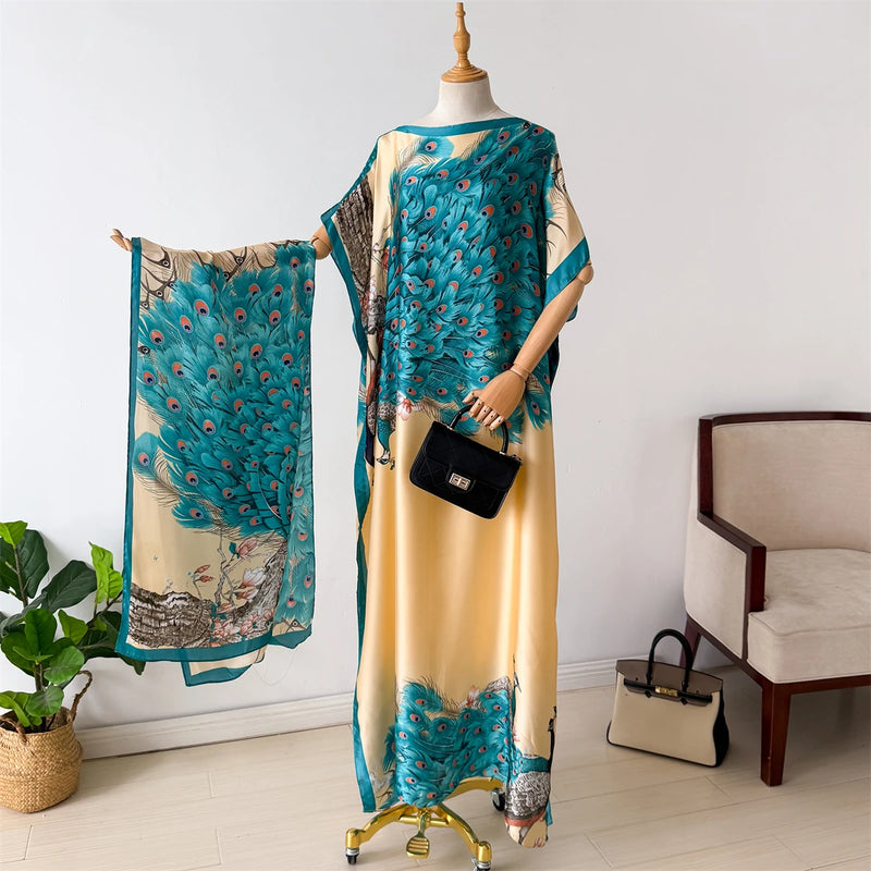 NEW Fashion Summer Dress With Big Scarf Dubai Turkey Kaftan Muslim Loose Abaya Women African Casual Maxi Peacock Shawl Robe