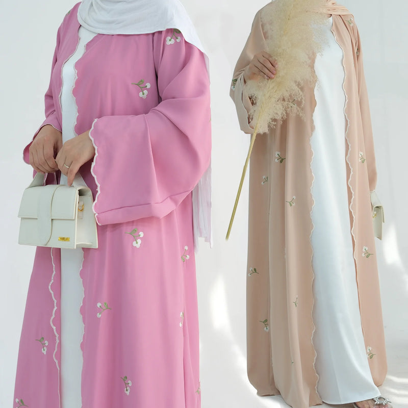 New Fashion Nida Dubai Abaya Ladies Floral Embroidered Kimono Style Muslim Dress Breathable Cotton Autumn Clothing