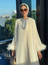 Abaya Women Dress Muslim Pleated Feather Dubai Vestidos Largos Long Dresses Kaftan Arab Robe Party Caftan Jalabiya Ramadan