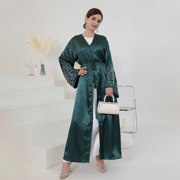 Women Beading Abayas Dubai Turkey Kaftan Muslim Kimono Cardigan Islamic Belted Jalabiya Ramadan Eid Open Abaya Dress Caftan Robe