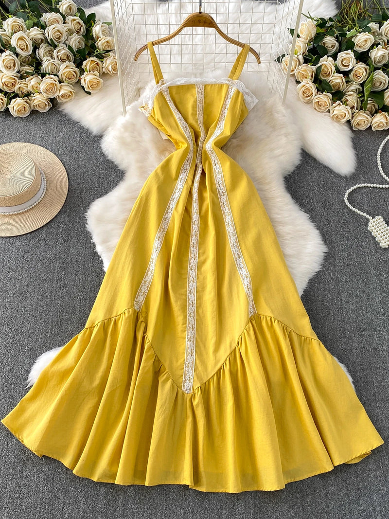 Beach Vaion Sle Long Lace Trimmed Summer Sweet Waist Cinching Maxi Dr Women's Svel High Waist A-Line Gown