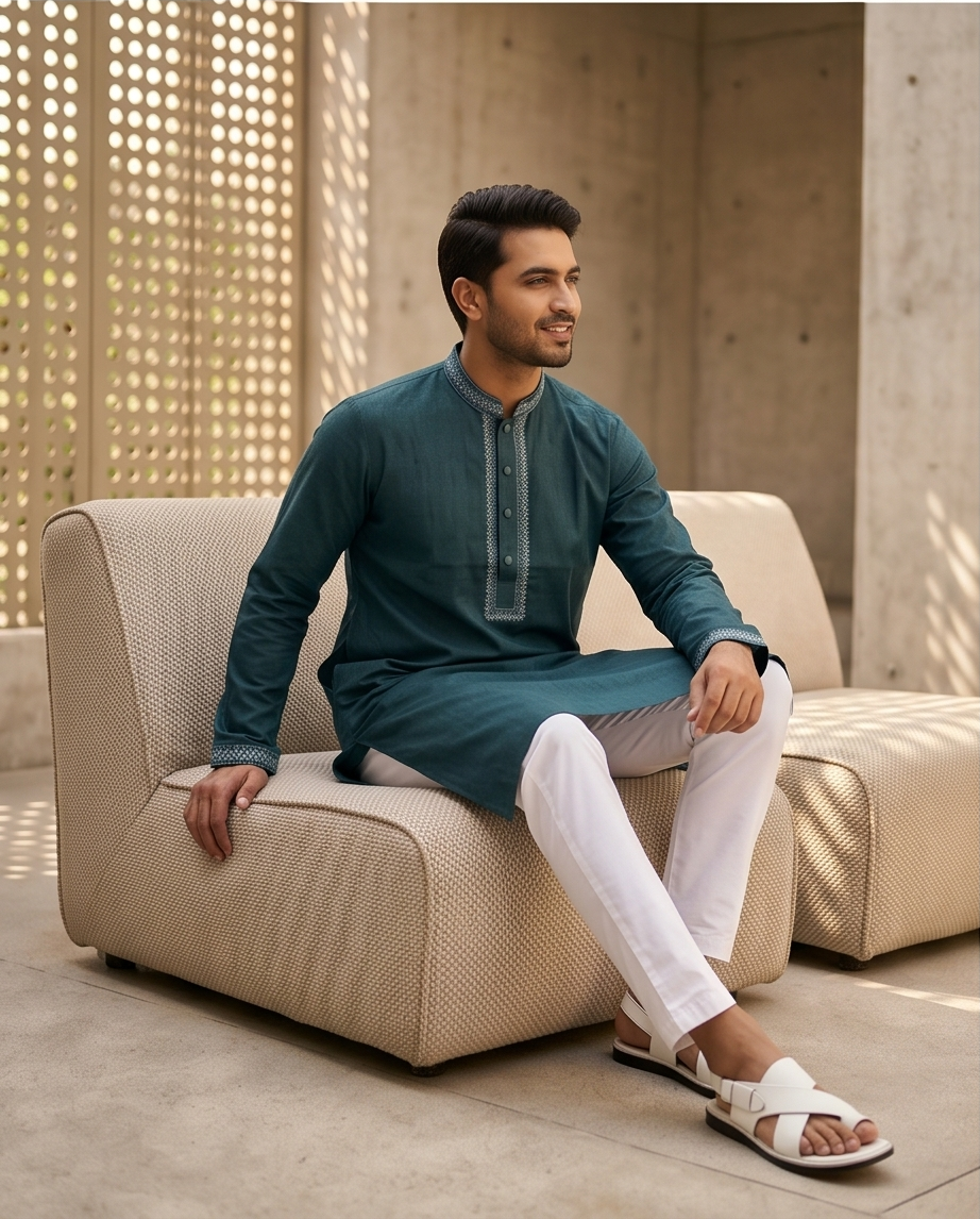 Majestic Teal Geometric Embroidered Panjabi|385| - Raakaat