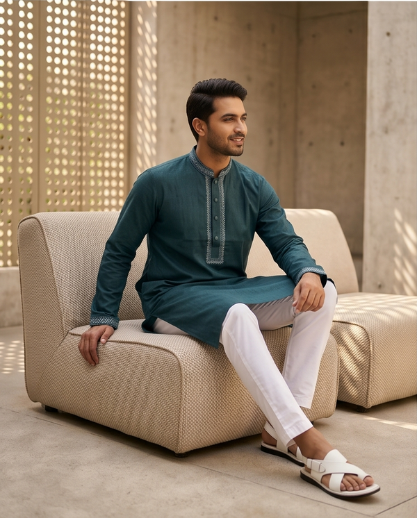 Majestic Teal Geometric Embroidered Panjabi|385| - Raakaat