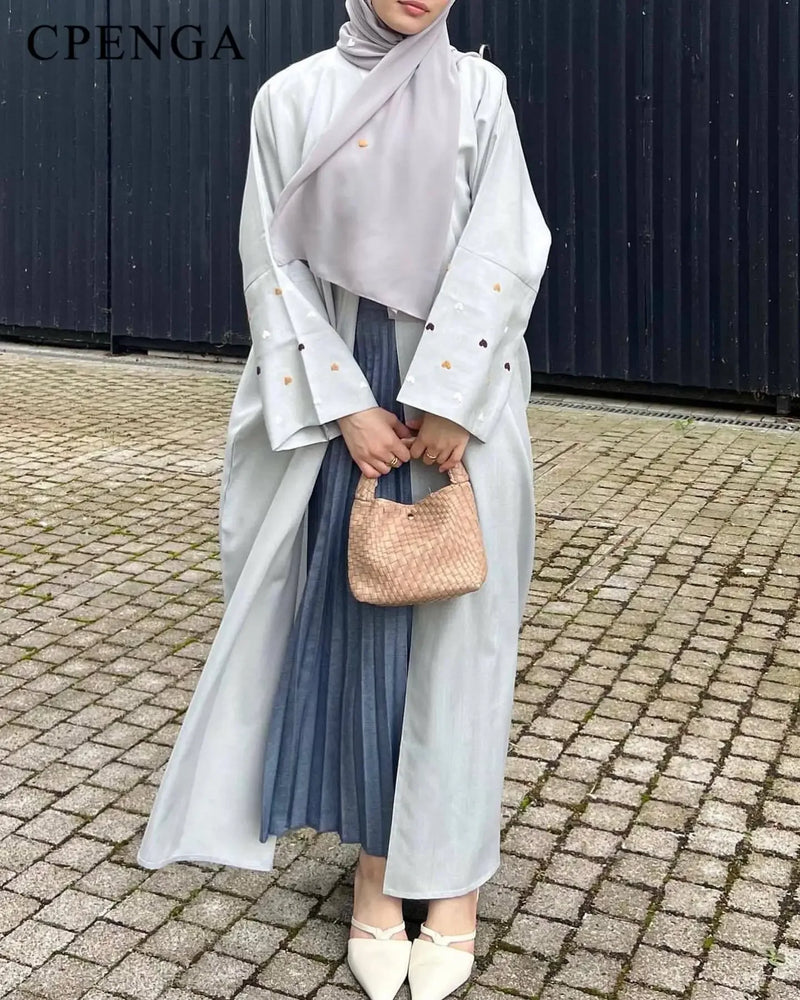 Saudi Heart Embroidery Open Abaya for Women Dubai 2024 New Plain Kimono Muslim Türkiye Elegant Cardigan Gown Islam Clothing