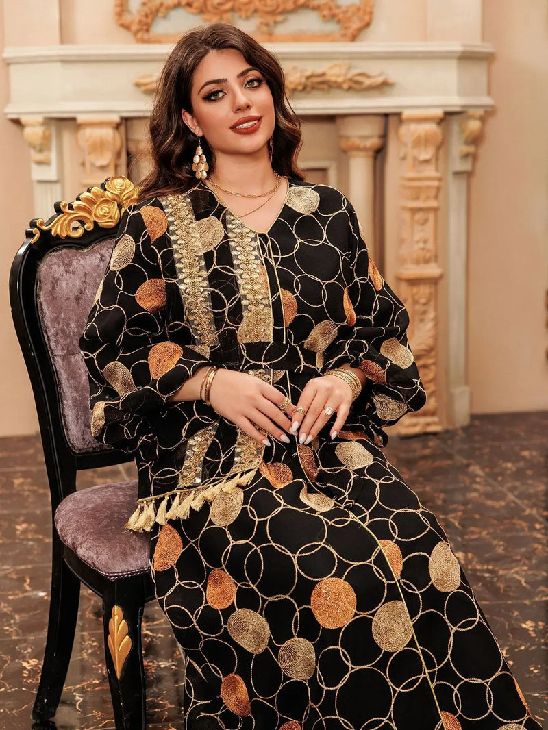 Muslim Abayas for Women Light Luxury Saudi Arabian Robe Fashion V-neck Loose Pullover Solid Diamonds Women Dress Moroccan Dress