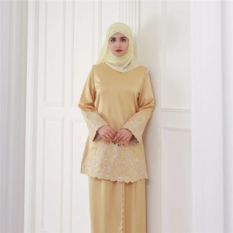 2Pcs Women Muslim Sets Dubai Outfits Islam Clothes Tops Skirts Abaya Dress Malaysia Baju Kurung Suit Femme Musulmane Ensembles