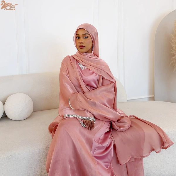 2025 New Abaya Set Shinny Dubai Abaya Cardigan Inner Dress Hijab 3pcs Set Islamic Clothing Women Abaya Muslim Dress