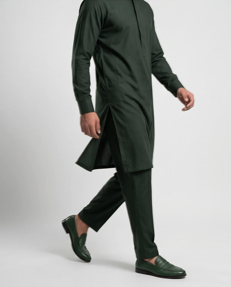 Premium Bottle Green Pakistani Men's Salwar Kameez - Luxury Cotton Suite | SK04 - Raakaat