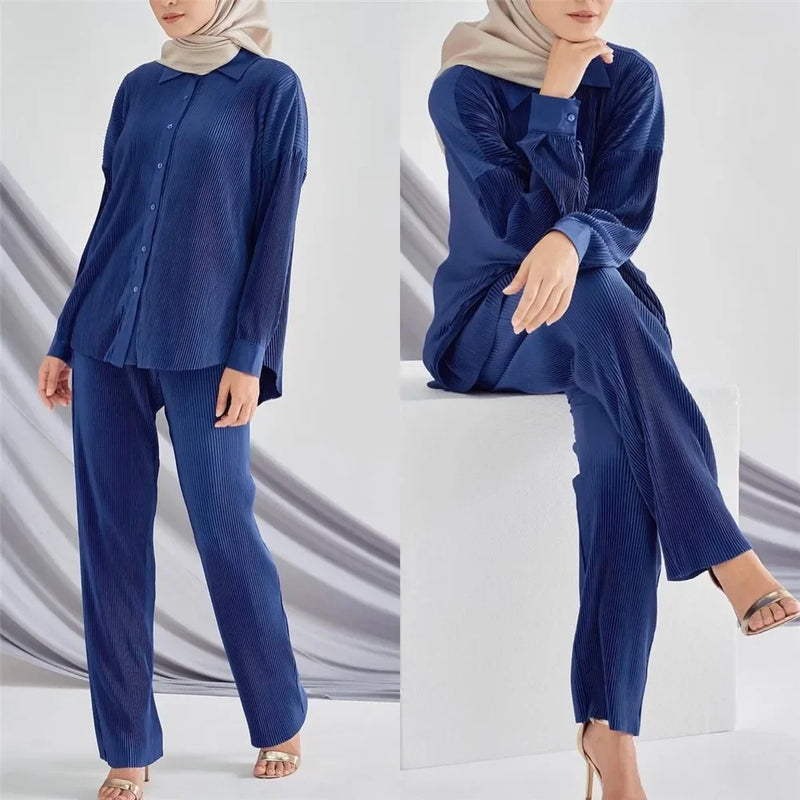 Malaysia Plain Muslim Women Long Sleeve Tops Blouse Pants Islam Abaya Dubai Ramadan Arab Clothes 2 Piece Set Modest Kaftan Suit
